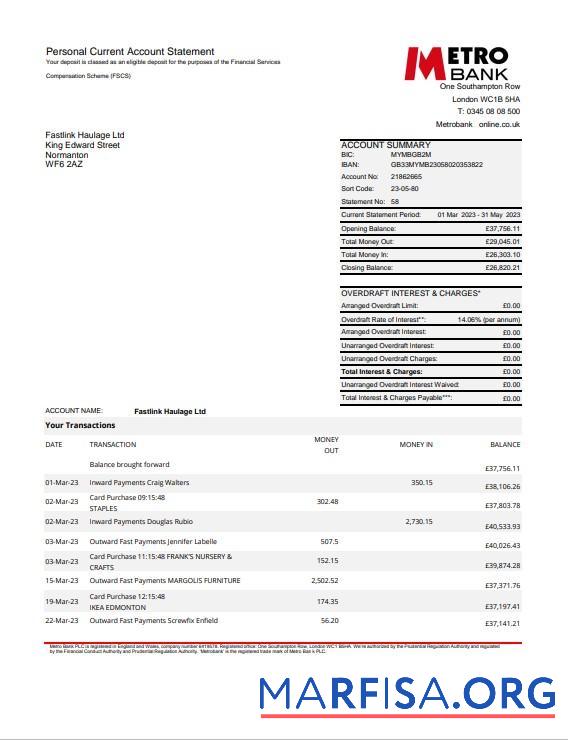 Downloadable United Kingdom Metro bank statement excel 4 pages example